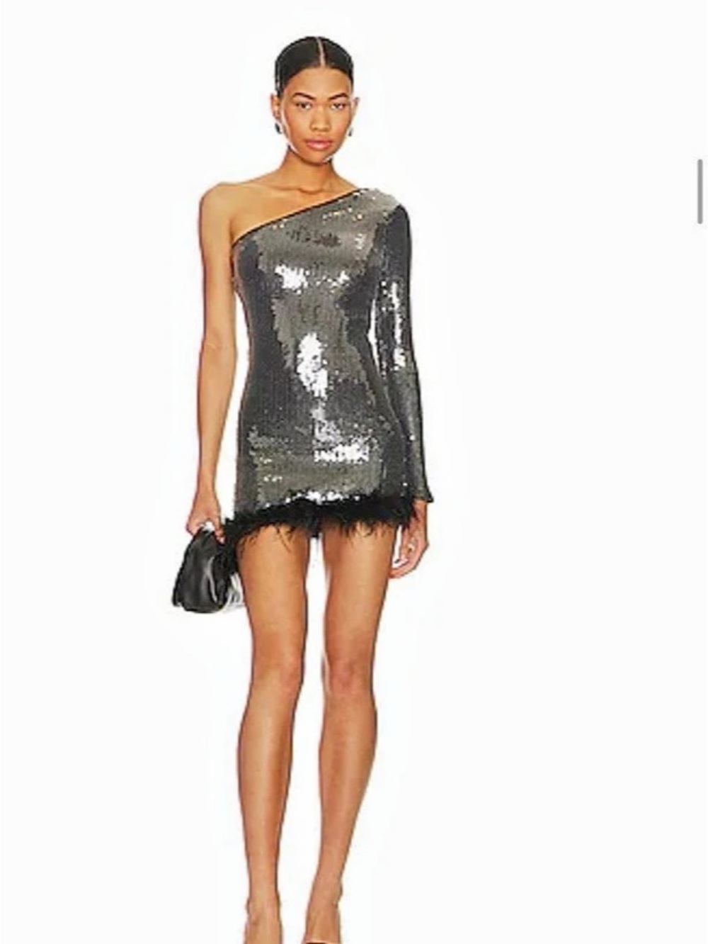 Revolve superdown Cecilia one shoulder dress grey sequin black feather trim